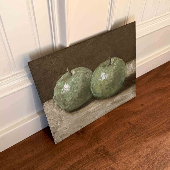 Still Life Oil Painting on Panel - Two Green Apples (10x8 Inches) - Picture 2 of 2